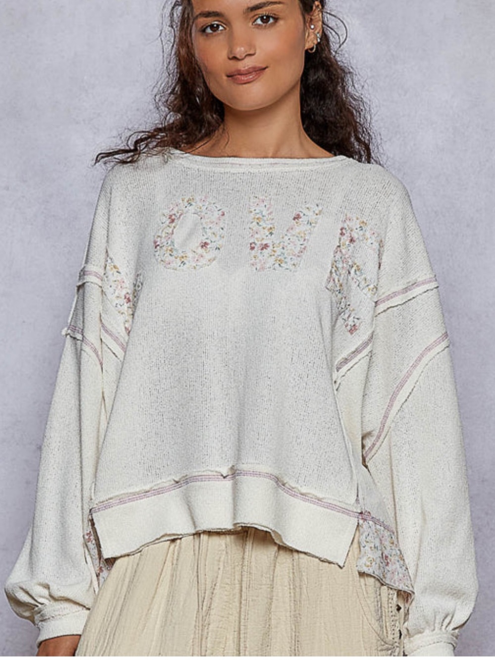 POL Oversized Stitched LOVE Sweater IVORY Slouchy Shabby-Chic Bohemian Sz Medium